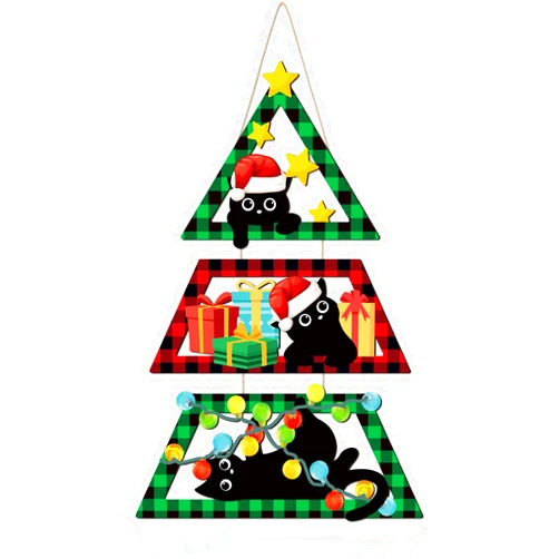 HOURIA Funny Black Cat Santa Clause Christmas Door Decor, Kitty Meowy Christmas Buffalo Plaid Front Door Signs, 12.5 * 21.6