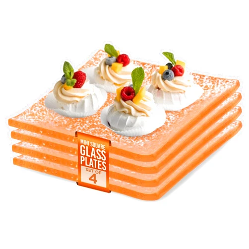 IMPULSE! Splendido Mini Square Glass Plates (Orange) Set of 4- Elegant Functional Plates Perfect for Small Bites, Serving, Mini Desserts, Dips, or Candies- 3.15