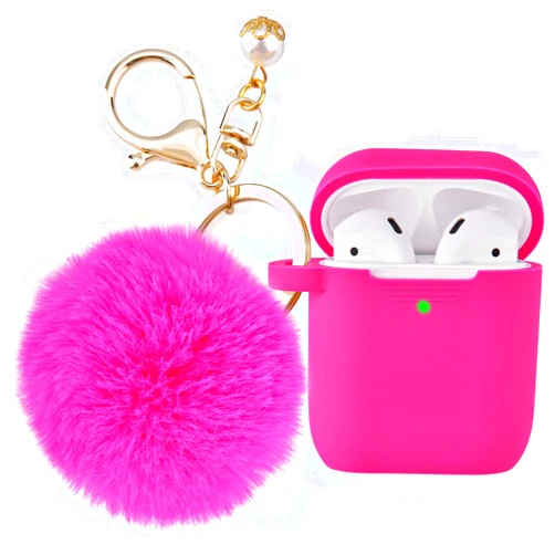 Filoto Compatible with Airpod 2&1 Case Cover, Cute Silicone Protective Accessories Cases/Keychain/Pompom, Best Gift for Girls and Women, Fuchsia Pink