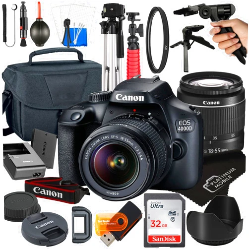 Canon EOS 4000D / Rebel T100 DSLR Camera with 18-55mm Lens + Platinum Mobile Accessory Bundle Package Includes: SanDisk 32GB Card, Tripod, Case, Pistol Grip and More (21pc Bundle), Black (Renewed)
