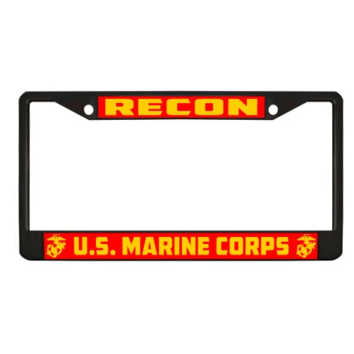 BINGOUO U.S. Marine Corps Recon Chrome/Black Metal Auto License Plate Frame Car Tag Holder (Black/Red/Yellow)