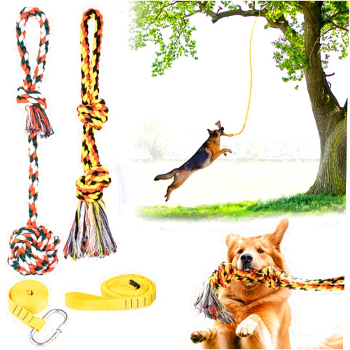 YES4QUALITY Dog Outdoor Bungee Hanging Toy, Yellow Interactive Tree Tug Toy Strap w/Hanging Cord & 2 Rope Toys, Heavy-Duty Exercise Equipment for Medium & Large Dogs, Tether Tug of War Dog Toys