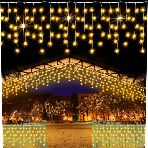 Pooqla Christmas Icicle Lights Outdoor Decoration, Warm White LED String Lights Lights 8 Modes, 30FT 300LED Hanging Twinkle Fairy Lights 60 Drops for Roof Window Home Party Garden Yard Christmas Decoration