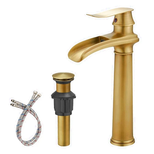 BWE Antique Brass Bathroom Vessel Sink Faucet Waterfall Spout Single Handle One Hole Solid Commercial Brass Lavatory Vanity Sink Faucet with Pop Up Drain