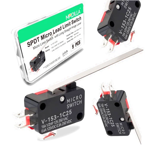 Mrdilla 9Pcs SPDT 1NO 1NC Limit Switch with Long Straight Hinge Lever 15A 125 250VAC,Micro Limit Switch 3 Pins,Micro Switch for Industrial Machinery and Safety Systems,Arduino V-153-1C25