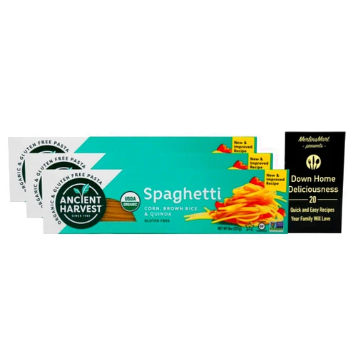 MerlinsMart Ancient Harvest Organic Gluten-Free Corn Brown Rice Quinoa Blend Pasta | Spaghetti (8 Ounces) | 3 Count Plus Recipe Booklet Bundle