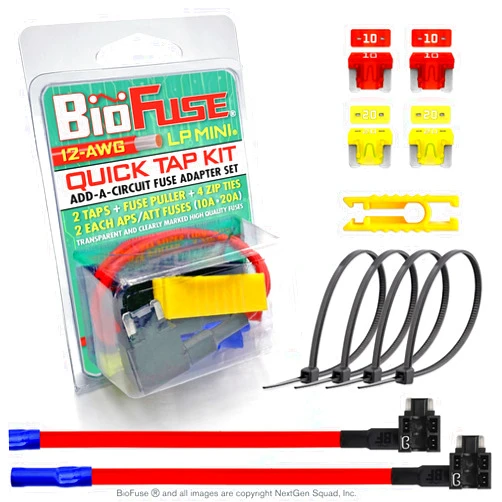 BIOFUSE 12 AWG Low Profile Mini ATT Quick TAP KIT: 2 Add-A-Circuit Car Fuse Tap Adapters, 2 Each (10A 20A) LP-Mini Blade Fuses, 4 Zip Ties + Fuse Puller