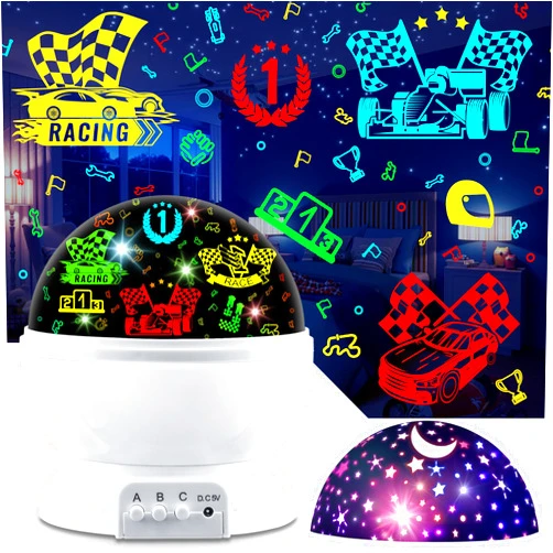 MOKOQI Race Car Night Light Projector Birthday Gifts Toys for Boys Age 3-5 Kids Car Nightlights 360 Degree Rotation with 17 Colors Changing Star Projector Ceiling Light Projector for Boys