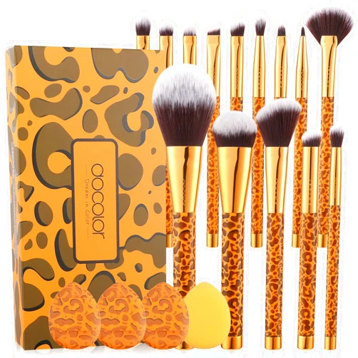 Docolor Makeup Brushes Leopard 14pcs Premium Synthetic Foundation Powder Concealers Eye shadows Blush Makeup Brush Set with 4pcs Makeup Puffs