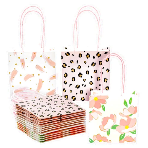 Sparkle and Bash 12 Pack Small Gift Bags with Handles for Candles, Mini Party Favors for Valentine's Day, Bridal Shower, Baby Shower, Mothers Day, 3 Assorted Pink Designs (5x5x3 in)