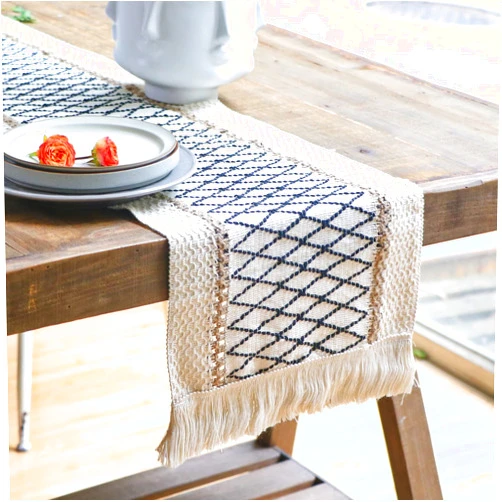 XIHOU Table Runner 72 Inches, Linen Farmhouse Long Table Runners, Cream Boho Table Runner with Tassels for Dining Kitchen Bohemian Wedding Party Dresser Decor, Black