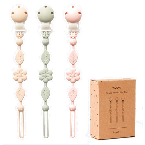 YIVEKO Pacifier Clips for Baby Silicone Pacifier Holder Clips for Boys Girls One Piece Baby Binky Clips YIVEKO Pacifier Clips Flower 3Pcs-Ivory+Sage+Blush