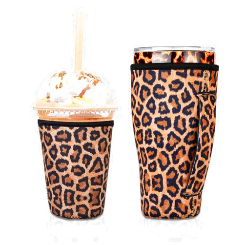 Wirepo 2 PCS Reusable Iced Coffee Sleeve for 24oz Cold Drinks Beverage,Insulated Neoprene Cup Holder with Handle for 30oz-32oz Tumbler Cup,Dunkin Donuts, Starbucks,McDonald's Coffee(Leopard)