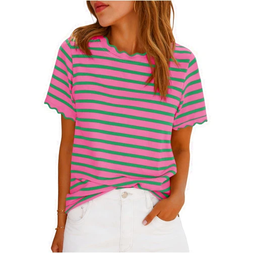 Tankaneo Womens Short Sleeve Striped Tshirts Summer Color Block Scalloped Tops Trendy Casual Basic Tee Shirts