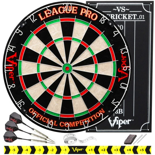 Viper League Pro Regulation Bristle Steel Tip Dartboard Starter Set with Staple-Free Bullseye, Radial Spider Wire, High-Grade Sisal with Rotating Number Ring, Chalk Cricket Scoreboard, Steel Tip Darts