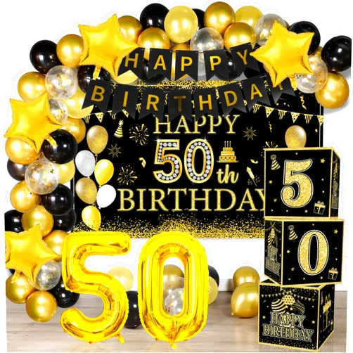 ZOiiWA 130 Pcs 50th Birthday Decorations Set for Men Women Black Gold Happy 50th Birthday Balloons Garland Box Sticker Backdrop Vintage Banner Party Supplies 50 Years Old Birthday Anniversary Favors