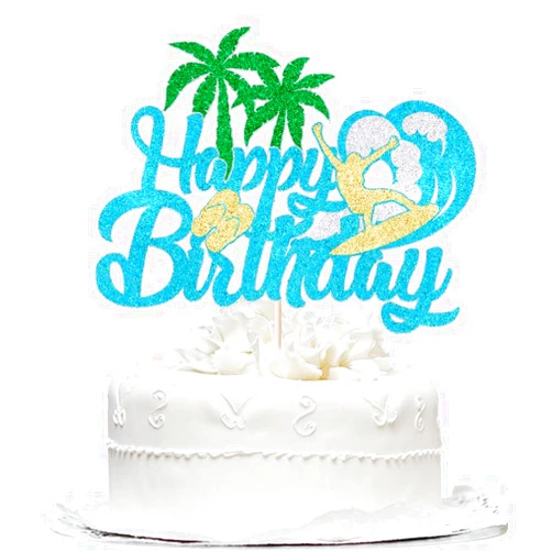 Bekaterea Glitter Happy Birthday Surf Cake Topper, Summer Beach Surf Themed Hawaiian Party,Birthday Cake Decoration，Surf Lovers Birthday Party Decoration Supplies