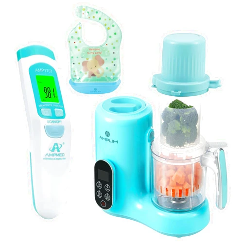 Amplim Deluxe Baby Food Maker and No Touch Forehead Thermometer for Babies and Adults | Bundle Pack