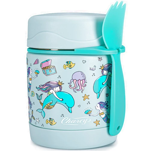 Charcy 10oz Thermo for Hot Food Kids with Spoon, Wide Mouth Leak-Proof Soup Thermo, Insulated Food Jar for 5h Hot and 8h Cold - Cyan Mermaid