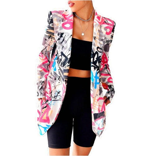 WDIRARA Women's Plus Size Lapel Collar Open Front Graffiti Graphic Button Blazer Jacket