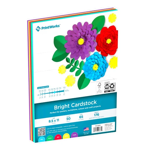 Printworks Bright Cardstock, 65 lb, 4 Assorted Bright Colors, FSC Certified, Perfect for School and Craft Projects, 50 Sheets, 8.5” x 11” (00682)