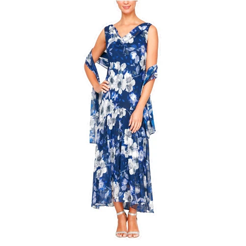 Alex Evenings Women's Formal Sleeveless Cowl Neck Floral Print Gown with Shawl, Wedding Guest, Mother of The Bride Dress