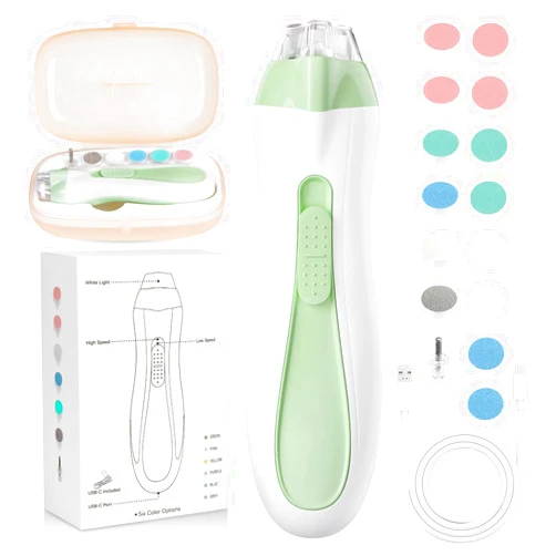 Prolixity Baby Nail File Electric - Rechargeable Baby Nail Clippers, 15 in 1 Gentle Baby Nail Trimmer Electric with Light and 15 Grinding Pads, Baby Nail Care Set for Infant Toddler, Green