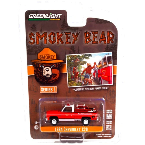 Toy Cars 1984 Chevy C20 Pickup Truck w/Fire Equipment Hose & Tank Please! Help Prevent Forest Fires! Smokey Bear 1/64 Diecast Model Car by Greenlight 38020 E