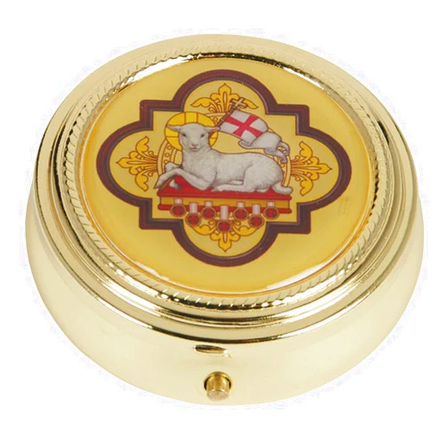 Pyx Case Gold Tone Agnus Dei Lamb of God PYX with Epoxy Lid, 2 1/4 Inch