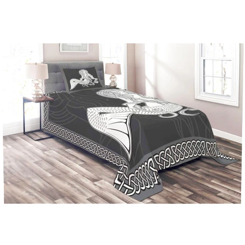 Ambesonne Mermaid Coverlet, Retro Art Illustration of a Mermaid Brushing Hair and Border with Celtic Patterns, 2 Piece Decorative Quilted Bedspread Set with 1 Pillow Sham, Twin Size, Brown White