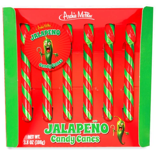 Archie McPhee's Jalapeño Candy Canes - 6 Count, 9 grams Each - Mexican Cuisine Inspired Holiday Candy, Perfect Christmas Stocking Stuffer and Gag Gift