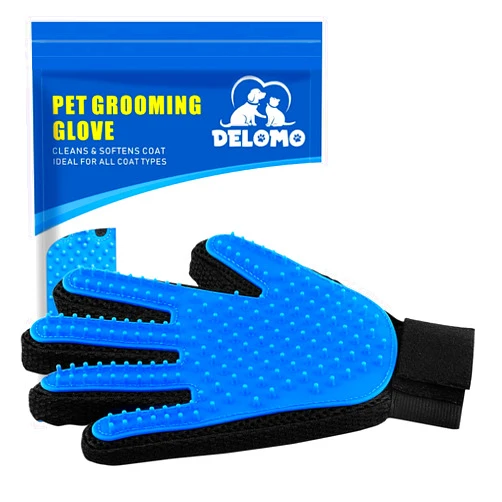 DELOMO Pet Hair Remover Glove - Gentle Pet Grooming Glove Brush - Deshedding Glove - Massage Mitt with Enhanced Five Finger Design - Perfect for Dogs & Cats with Long & Short Fur - 1 Pack (Right-hand), Blue
