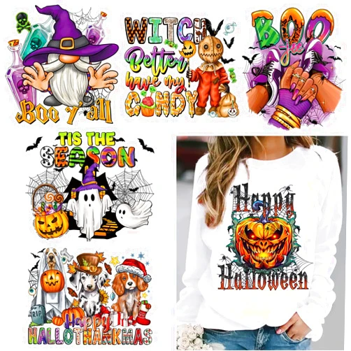 YKZFUI 6Sheets Halloween Iron on Transfers Stickers Halloween Iron on Patches Vinyl Decals Pumpkin Bat Ghost Spider Halloween Printing Pattern Heat Transfer Sticker for Clothing T-Shirt DIY Decor Men Women