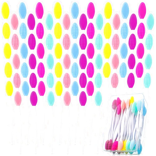 Newtay 100 Pieces Lip Scrub Brushes Double Sided Silicone Exfoliating Lip Brush with Container Soft Silicone Face Lips Cleaning Tool Silicone Lip Scrubber for Plump Smoother Lip Appearance Multi-colored