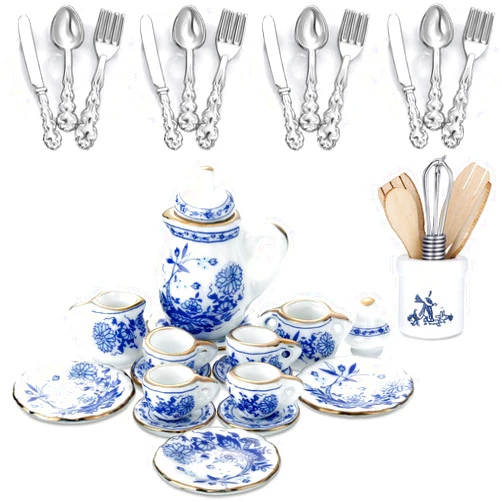 Skylety 37 Pieces 1:12 Scale Miniatures Dollhouse Kitchen Accessories Include 16 Mini Doll Plates Knife Fork Spoon, 6 Mini Egg Beater Utensil, 15 Mini Tea Cup Set for Doll Toy Supplies (Blue Porcelain)