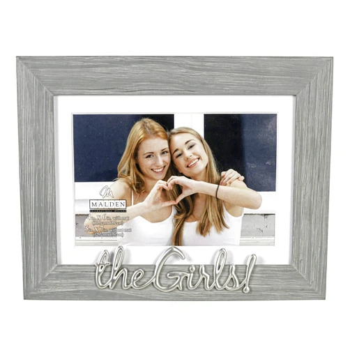 Malden International Designs 4x6 or 5x7 The Girls! Distressed Expressions Picture Frame Silver Finish The Girls! Word Attachment Gray Textured Wood Grain Finish MDF Frame White Beveled Mat