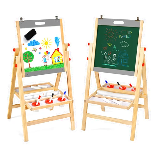 Costzon Art Easel for Kids, 3-in-1 Wooden Folding Toddler Easel Magnetic w/Paper Roll & Storage Tray, Height Adjustable Double Sided Whiteboard Chalkboard Kids Art Easel Boys Girls Painting (Nature)