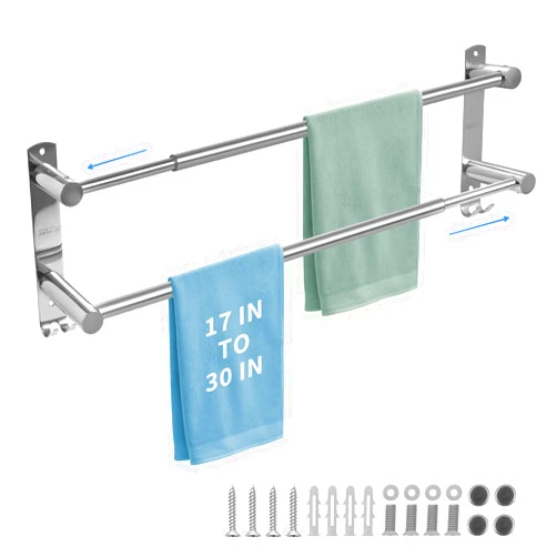Zmnklry Towel Racks for Bathroom, 17-30In Adjustable Towel Bar，Stainless Steel Towel Rack, Towel Holder for Bathroom Wall, Double Towel Bar Bathroom, Adjustable Towel Tacks for Bathroom