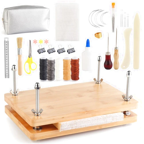 HEJIN 36 PCS Book Binding Kits, Bamboo Wood Book Press with Book Binding Glue, Awl, Plastic Bone Folder, Waxed Thread, Book Binding Materials for Beginners Bookbinding Supplies, 11.6 x 7.8 Inch