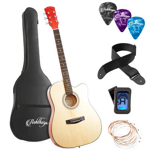 Ashthorpe 41-inch Beginner Cutaway Acoustic Guitar Package (Natural), Full Size Basic Starter Kit w/Gig Bag, Strings, Strap, Tuner, Picks