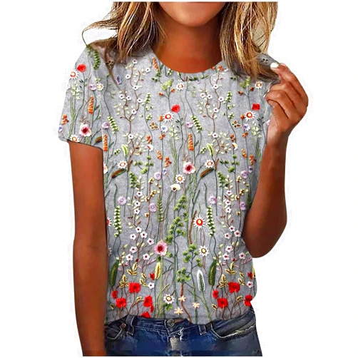 Generic Womens Summer Tops for Women Short Sleeve Flowered Floral T Shirts Cute Shirts Vintrage Graphic Tees Casual Ladies Blouses