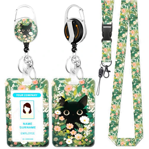 Hancynir Lanyards for Id Badges, Cat Flower Floral Badge Holder with Retractable Reel Clip, Cute Work Name Tags Keychain Lanyard ID Card Protector Cover Case for Women Teacher Nurse Doctor Office