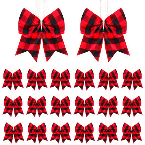 Syhood 20 Pieces Christmas Plaid Bows Ornaments Buffalo Plaid Burlap Bows for Christmas Wreaths Gift Wrapping Tree Crafts DIY Home Party Indoor Outdoor Decoration Supplies (Black and Red)