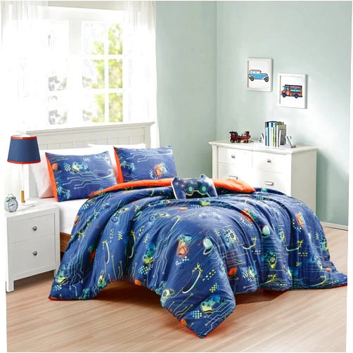 Chezmoi Collection 3-Piece Boys Twin Bedding Sets Sports Soft Microfiber Blue Orange Multi-Color Video Games Controller Skateboard Kids Comforter Set Twin Size