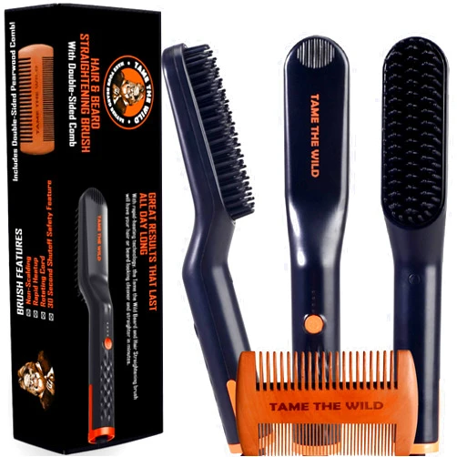 TAME THE WILD MAKE YOUR BEARD BEHAVE Tame The Wild Premium Beard Straightener - Ionic Anti-Scald Technology - Heated Beard Brush - 3 Temp Settings - Wooden Comb Included - Gift Set