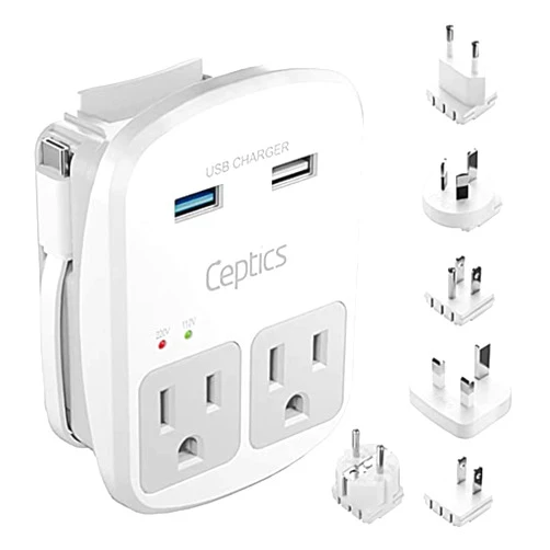 Ceptics Universal Travel Adapter Kit - 2 USB, USB-C Cord+2 US Outlets QC 3.0, Surge Protection, Plugs for Europe, UK, China, Australia, Japan - Perfect for Laptop, Cell Phones, Cameras,Safe ETL Tested