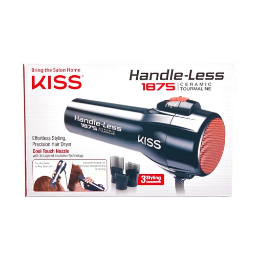 KISS Handle-Less 1875W Ceramic Tourmaline Hair Dryer, Effortless Styling Precision Blow Dryer, Cool Touch Nozzle, Triple-Layer Heat Insulation Technology, Heat Resistant Cap, 3 Styling Attachments