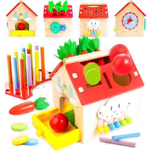 Kizfarm Wooden Montessori Activity House, 7-in-1 Multifunctional Wooden House for 12M+ Toddlers, Boys & Girls One Year Old First Birthday Gift, Baby Toy Set Including Object Permanent Play House
