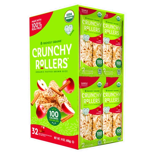 Friendly Grains Apple Cinnamon Crunchy Rollers - Organic Rice Snacks, Crispy Puffed Rice Rolls, Healthy Snack Rolls for Adults and Kids - Friendly Grains (16 packs of 2)