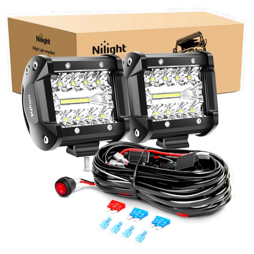 Nilight LED Light Bar 2PCS 60W 4 Inch Flood Spot Combo LED Work Light Pods Triple Row Work Driving Lamp with 12 ft Wiring Harness kit - 2 Leads